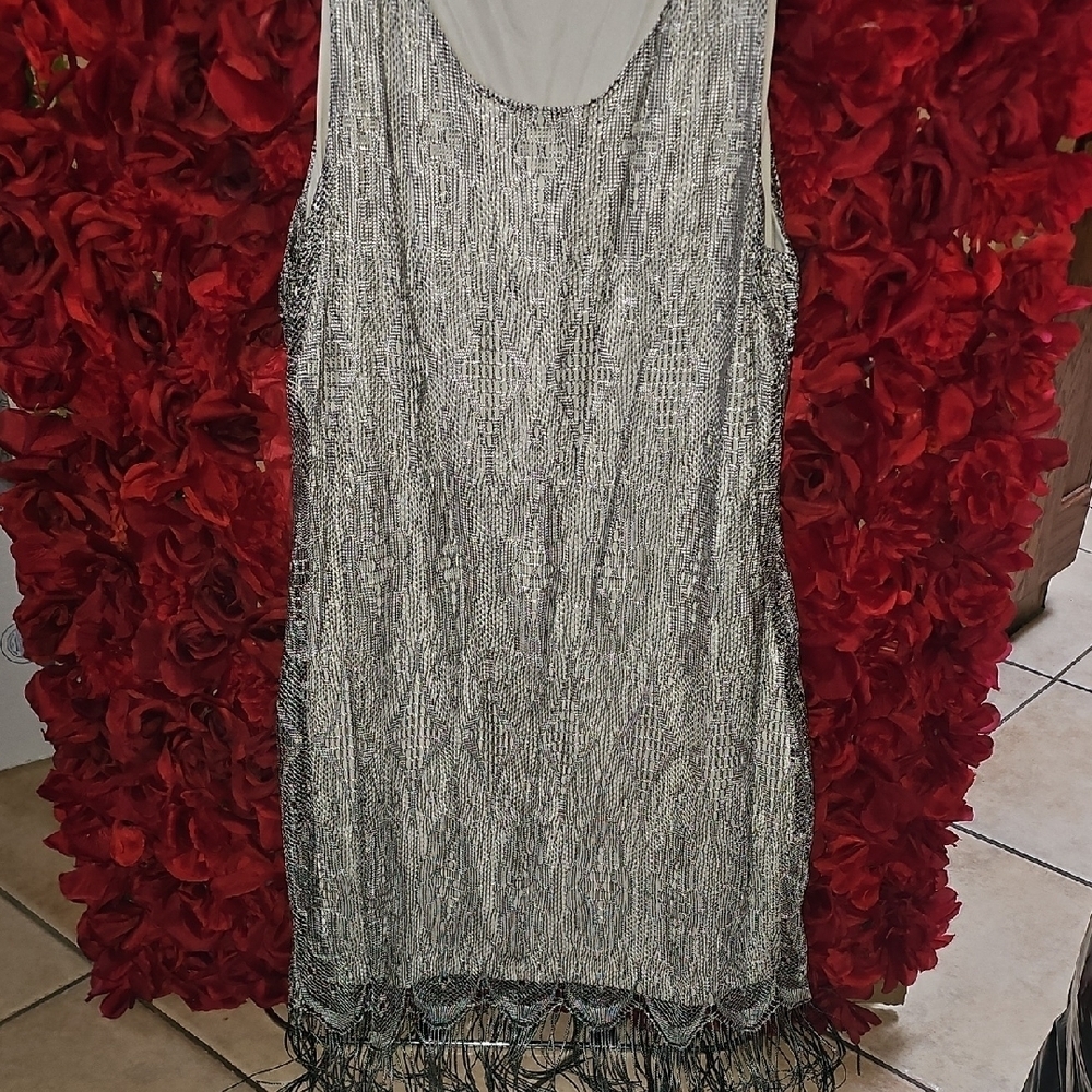 VENUS Women's Silver Lace Fringe Flapper Style Dress Size Xlarge